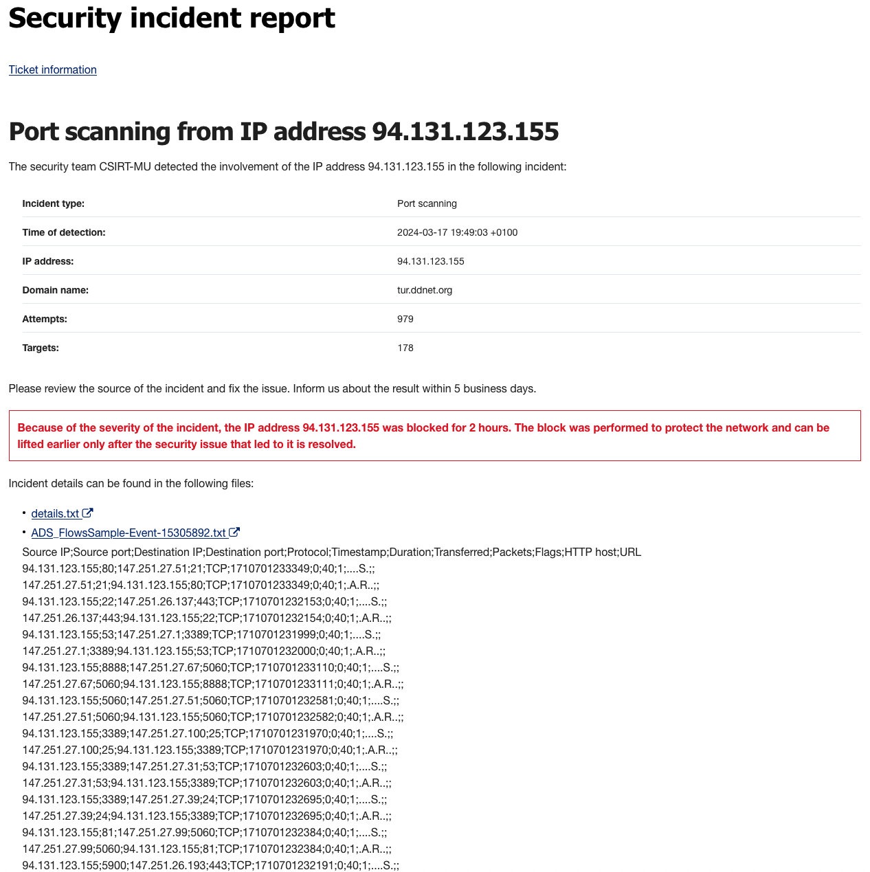 Security incident report